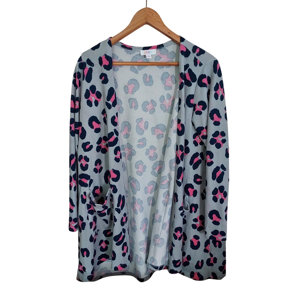 LuLaRoe Shirley Kimono Cardigan Womens Medium Gray Pink Navy Leopard Pockets